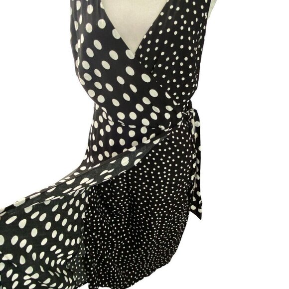 BRAVISSIMO Curvy Polka Dot Faux Wrap Dress V Neck Sleeveless Black White 10 - Picture 5 of 16